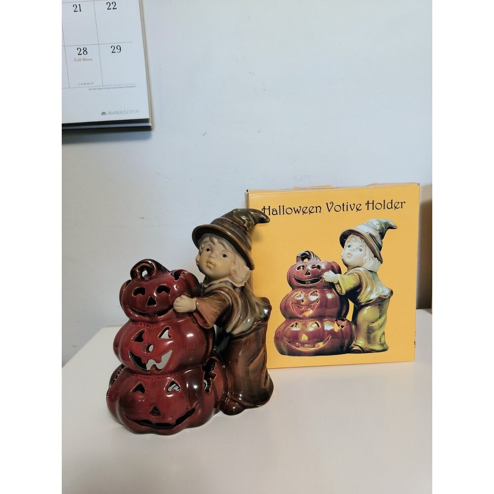 Halloween Tea Light Candle Holder Wizard Stacking Jack-O-Lanterns 6.25" RF Tall
